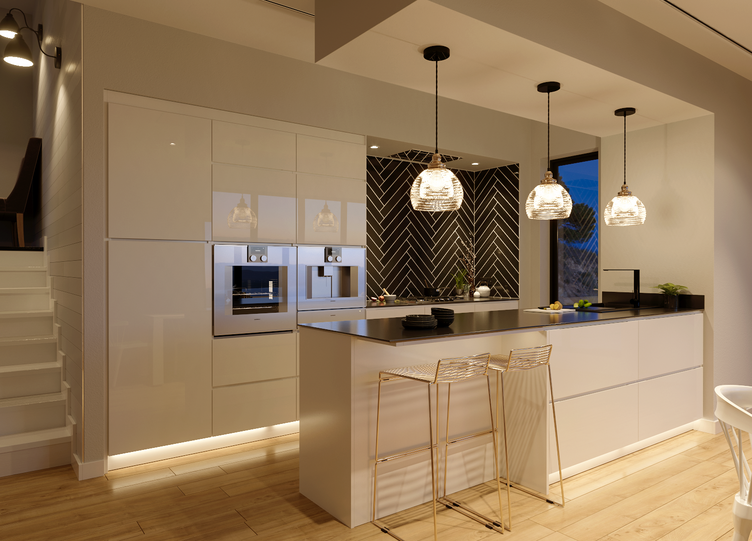 Under-cabinet LED lights enhancing the ambiance of a stainless steel kitchen