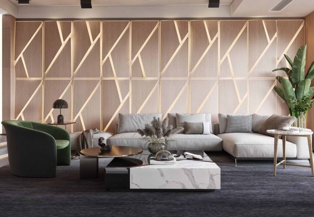 contrasting wall treatments living dining