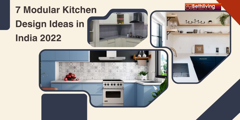 7 Modular Kitchen Design Ideas in India 2022 Bethliving A modern kitchen with glass cabinet doors and mirrored wall panels, enhancing light reflection and the appearance of a larger space.