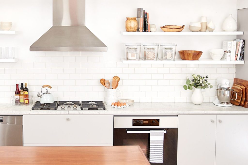 Kitchen with open shelves.